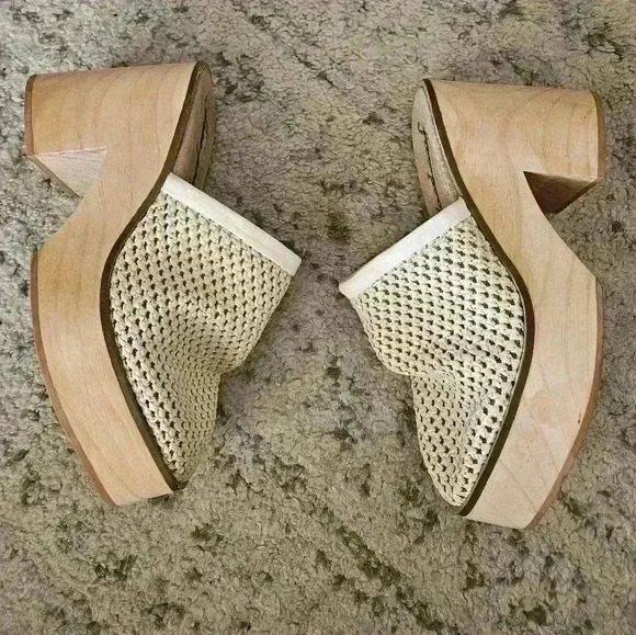 Free People Women's Beige Walk On Wood Boho Leather Platform Woven Clogs 38 - Picture 7 of 12